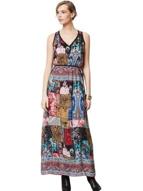 Tolani Silk Patchwork Maxi Dress Boho Festival Pockets Artsy Luxe S